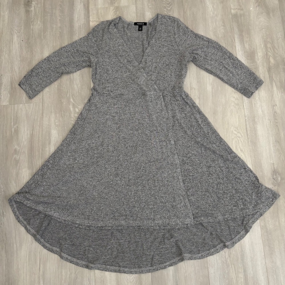 Torrid Dress Grey Marl Soft Knit Faux Wrap High Low 3/4 Sleeve Plus Size 00 M L
